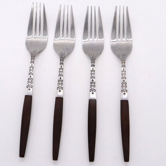 Other - Vtg Set of 4 Dinner Forks Interpur Canoe Hearts Stainless Brown Handle MCM Japan